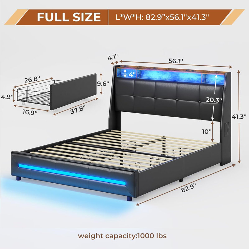 LED Upholstered Platform Bed Frame with 4 Storage Drawers and Storage Headboard, Full, Black PU