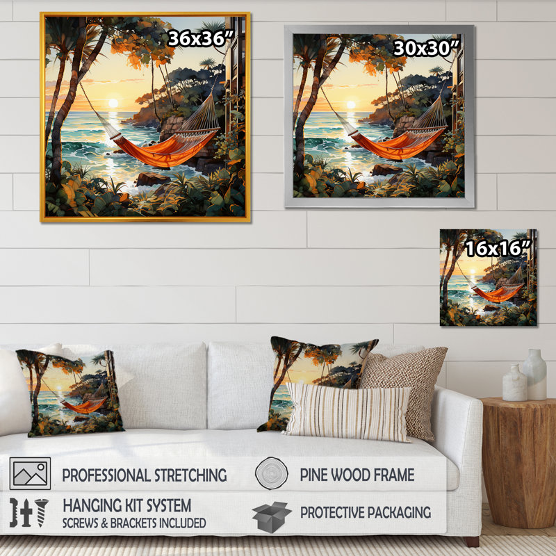 Coucher de soleil hamac près de la plage II - art mural côtier tropical, Cadre flottant noir, H 36 po x l 36 po x P 1,5 po