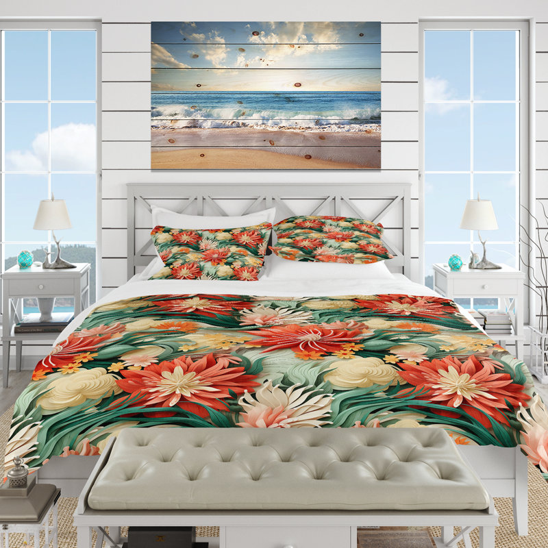 Tropical Coastal Escape Coastal Pattern I - Tropical Duvet Cover Set, Housse de couette pour grand lit et 2 taies décor