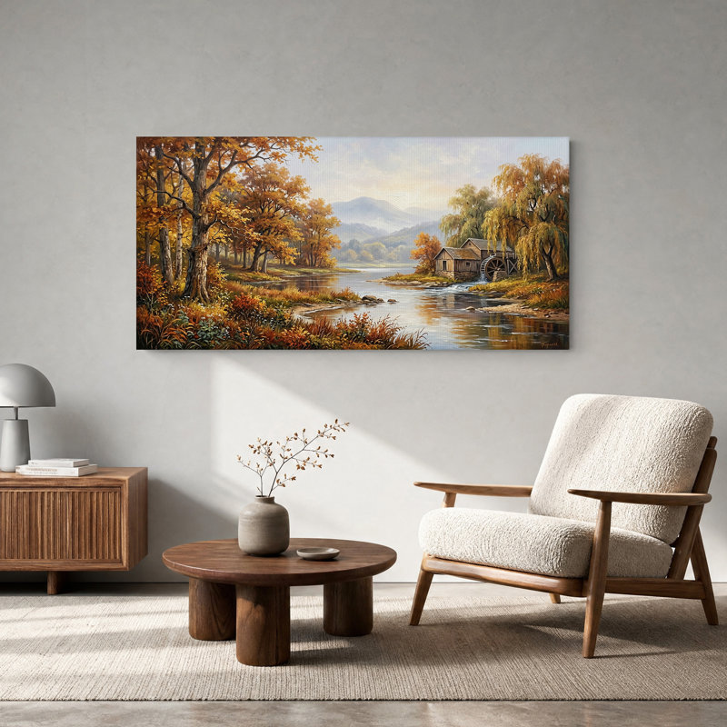 Impression sur toile en bois moulin à eau sur rivière avec feuillage doré, 32“W x 16”H