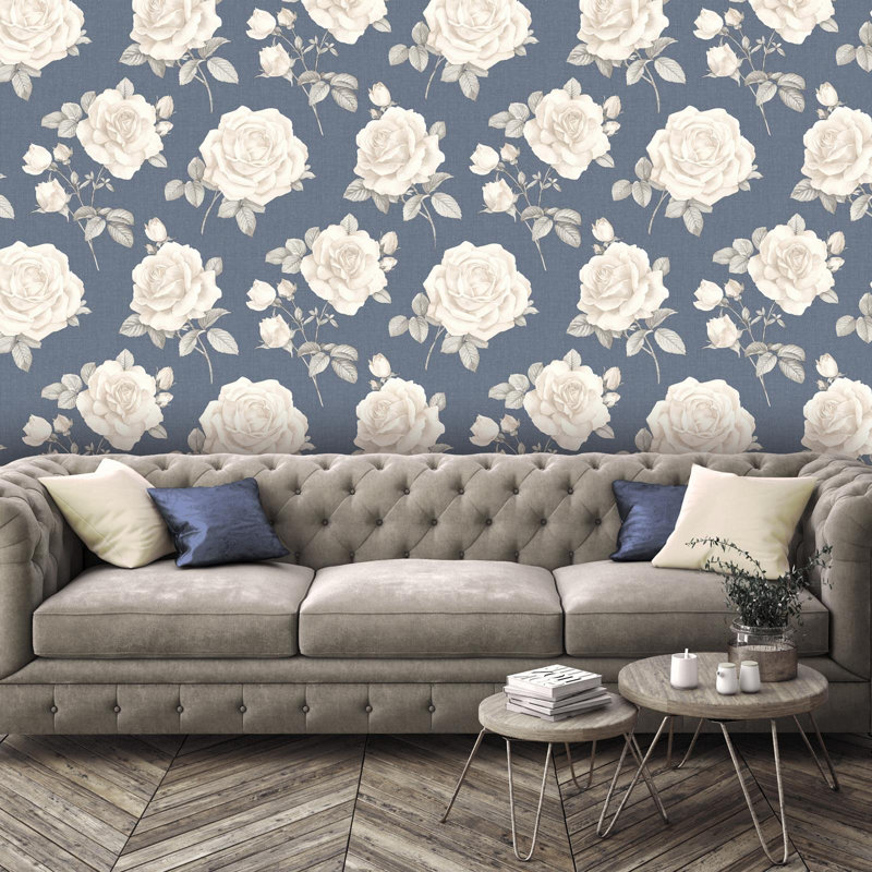 Belgravia Traditional Rosa Floral Wallpaper Large Rose Blooms Navy Teal Cream Gloss 9764