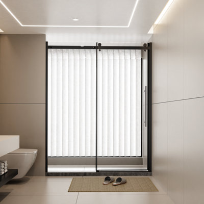 Porte de douche l 60 po x H 72 po avec verre 1/4 de pouce, système de rouleau en zinc, poignée en acier inoxydable, élégante, rail trempé transparent noir mat et imperméable