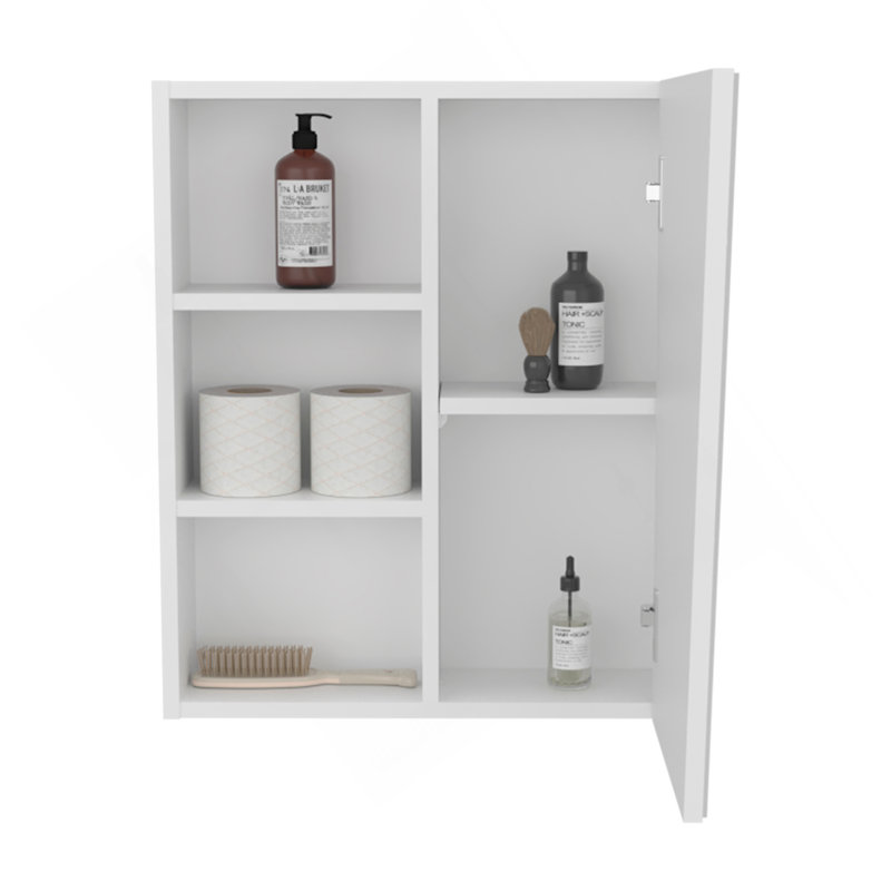 Quintana Wall-Mounted Mirror Medicine Cabinet With One Door And Four Open Compartments, White