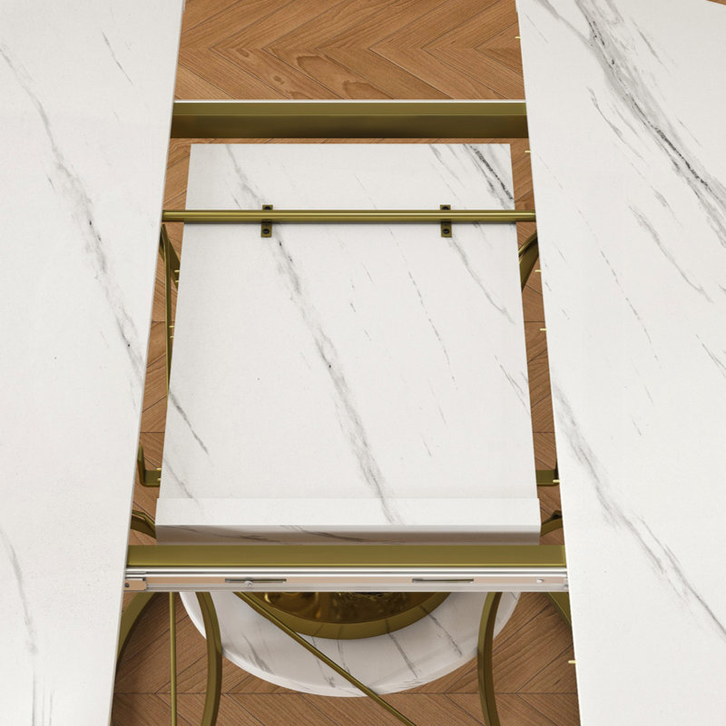 Table de salle à manger ronde extensible pour 4 à 6 personnes, de style campagnard avec tablette de rangement, base en métal doré et placage de marbre, qui s'étend de 43 à 59 pouces
