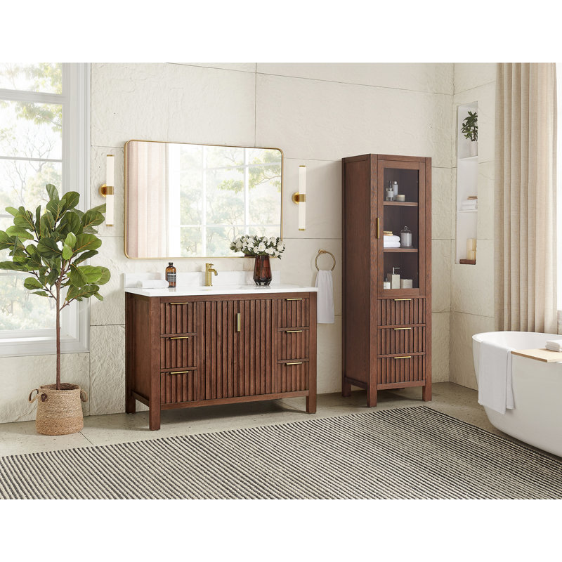 Meuble-lavabo simple 48 po avec comptoir en pierre composite blanc, Chêne brun foncé vieilli / or brossé