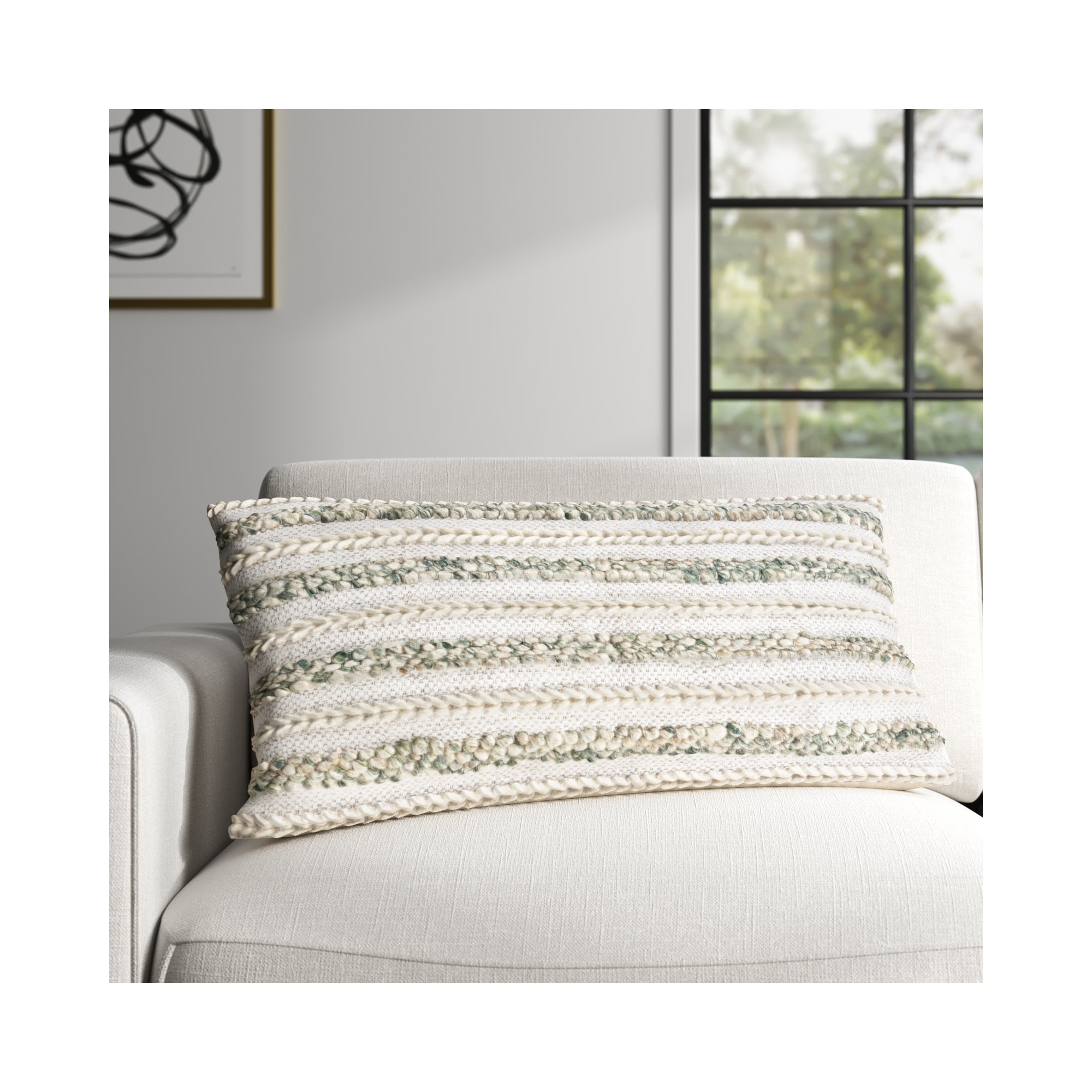 Lottie Striped Cotton Lumbar Pillow Cover, Cream/Emerald, Down Blend