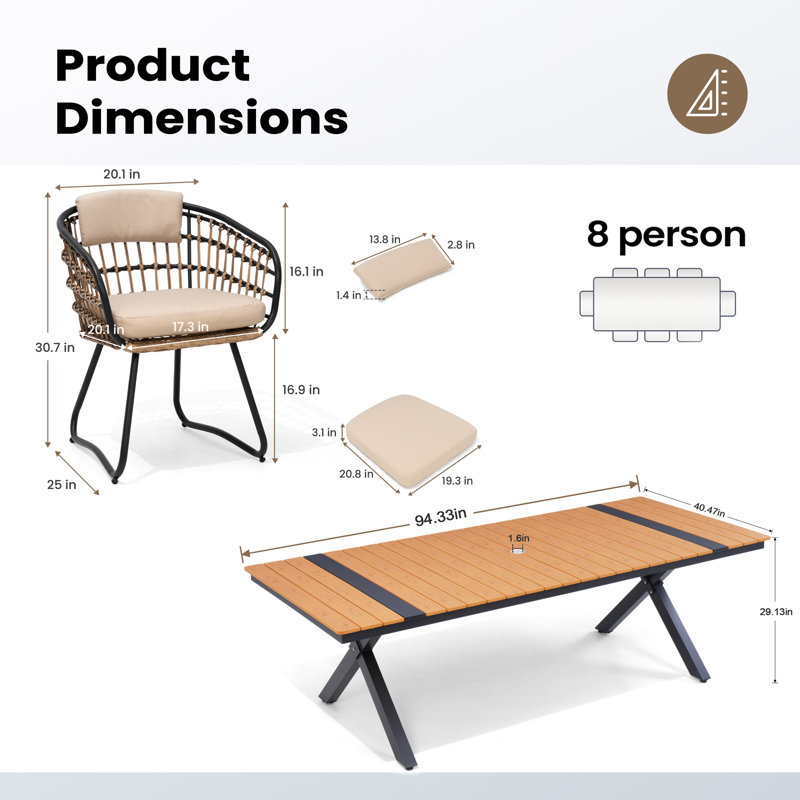 8 - Person Aluminum Outdoor Dining Set with Umbrella Hole and Removable Cushion, Brown/Beige