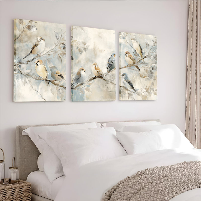 Ensemble de 3 tableaux muraux de style aquarelle « Oiseaux sur des branches » sur toile tendue, H 36 po x l 72 po