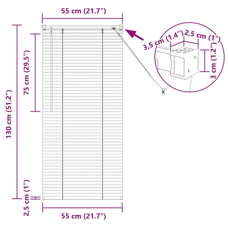 Venetian Blind, 130cm L x 55cm W, Silver
