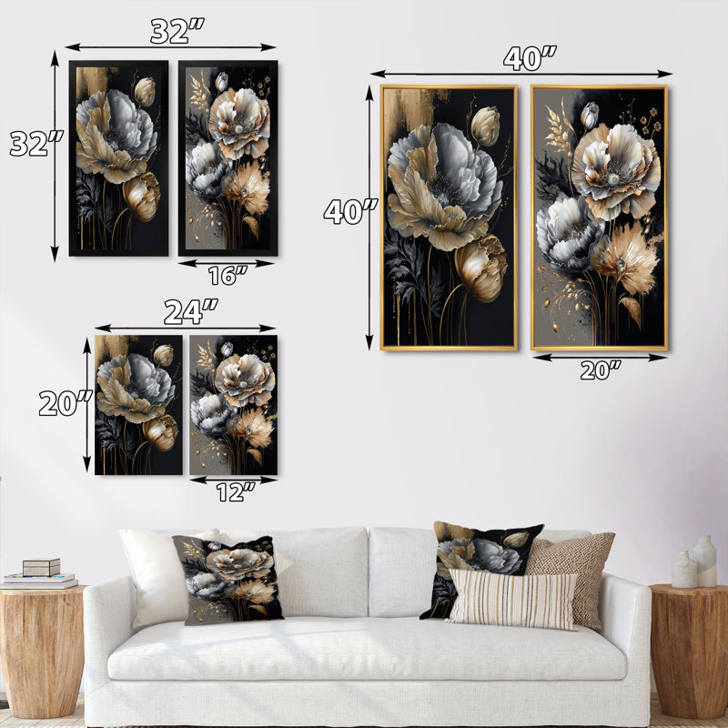 «Golden Gothic Floral Bouquet», 2 pièces sur toile, Cadre noir, H 20 po x l 24 po