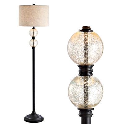 Mercury Glass LED Floor Lamp, Traditional Tall Standing Lamp, Grey Linen Drum Shade, Foot Switch, LED Bulb Included, (Oil-Rubbed Bronze)