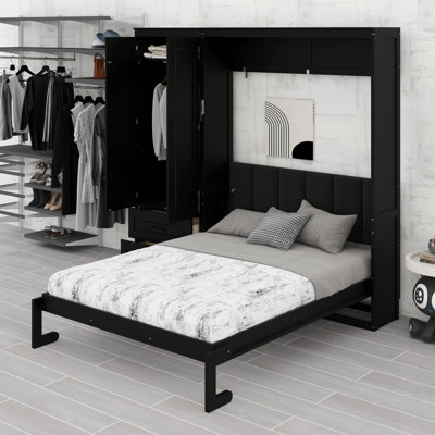 Minimalist Murphy Bed with Storage Wardrobe and Upholstered Headboard