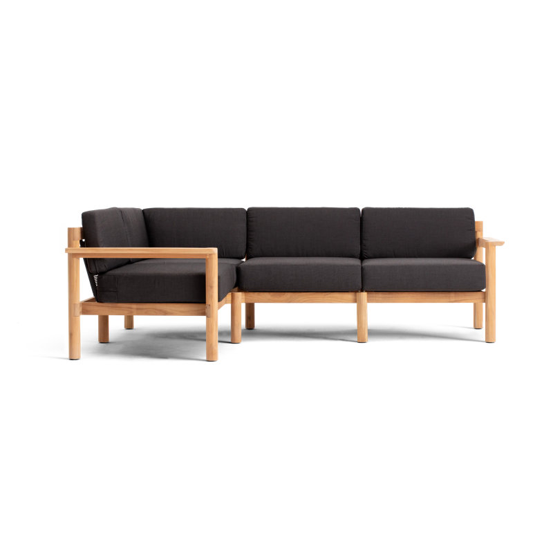 Canapé modulaire d'extérieur en teck 4 pièces Haven avec coussins Sunbrella et accoudoirs en bois, Sunbrella charbon