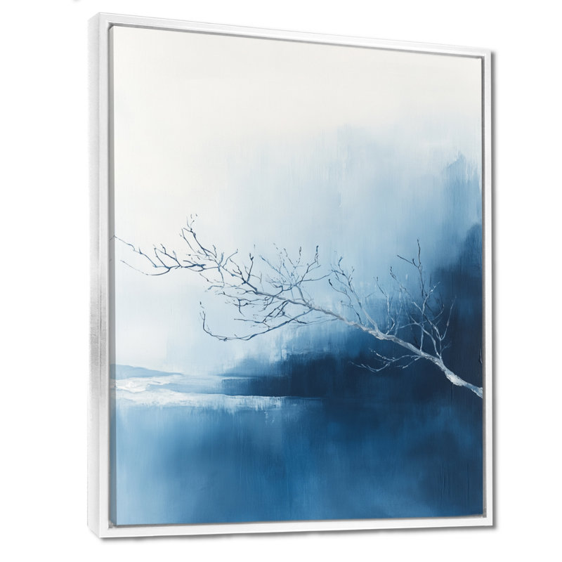 Branche nue au-dessus de l'eau bleue - Tableau minimaliste encadré, H 20 po x l 12 po, Cadre flottant blanc