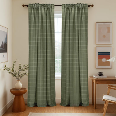Linen Plaid Curtains Modern Window Panels Moss Green Check Tartan Light Filtering Curtains For Living Room Bedroom, Rod Pocket Back Tab, 2 Panels, 52 Inch Wide X 84 Inch Long