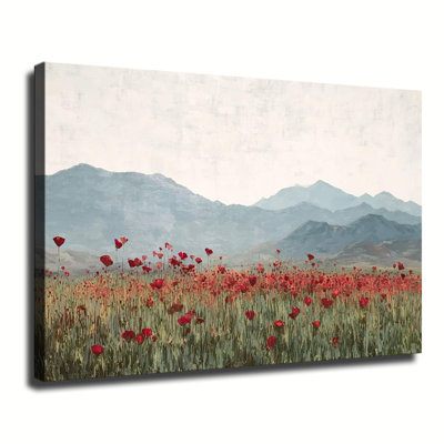 «Red Poppy Flower Field with Distant Mountain Range», peinture rustique sur toile tendue avec grande galerie pour salon chambre à coucher