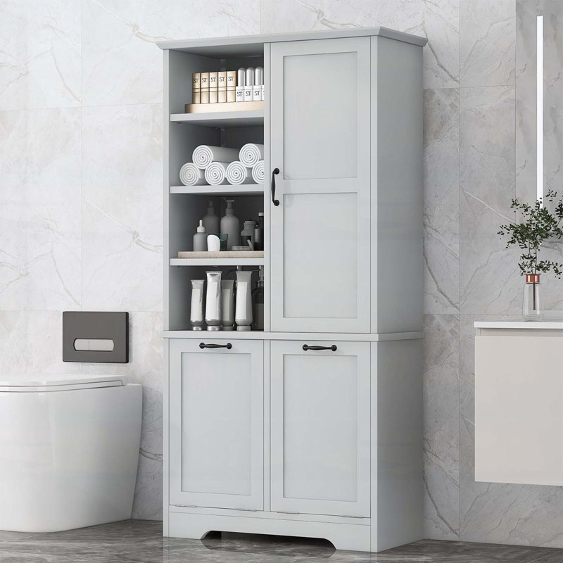 Armoire de rangement pour salle de bain avec portes, tiroirs, panier à linge inclinable et tablettes réglables, Gris