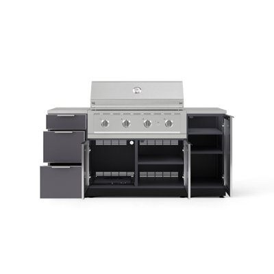 Ensemble d'armoires d'extérieur gris ardoise en aluminium 6 pièces avec 1 porte, 3 tiroirs, armoire de barbecue, barbecue au propane liquide 40 po et dessus en acier inoxydable 16 po