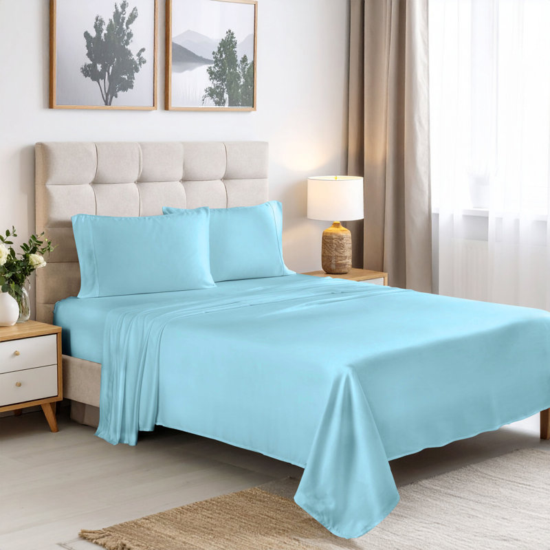 Ensemble de draps à poches profondes en rayonne de bambou à densité du tissage de 300 fils de qualité supérieure, Bleu clair