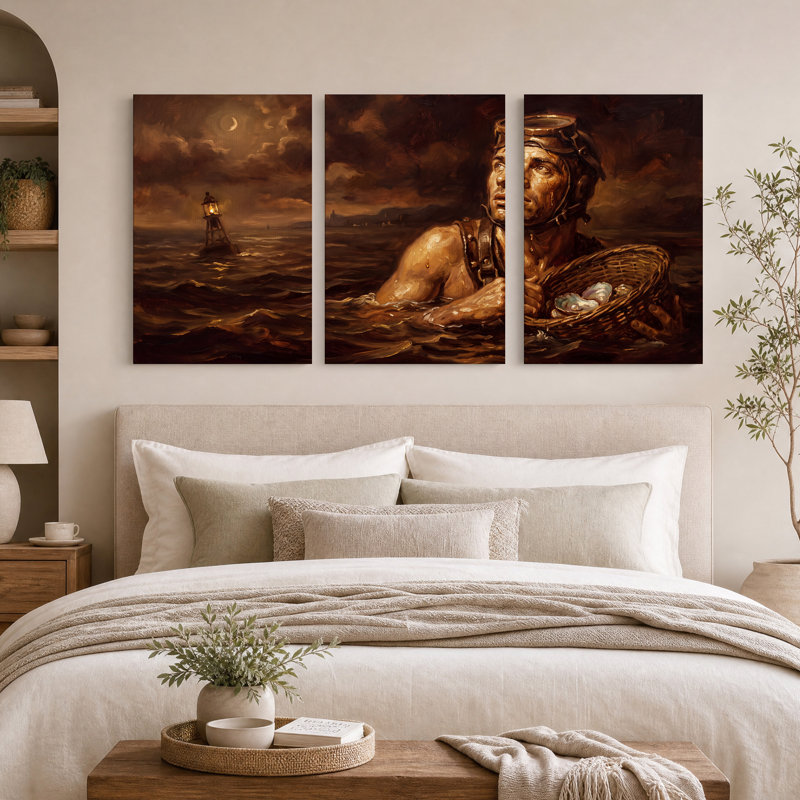 Ensemble de 3 toiles rétro "Diver tenant un panier au clair de lune", H 36 po x l 24 po x 3 pièces