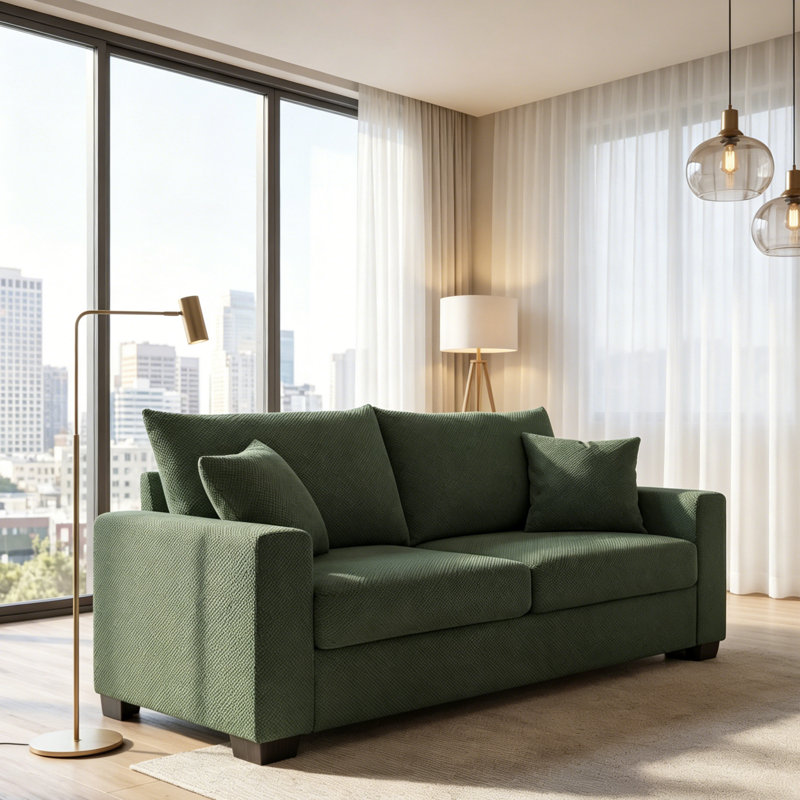 Canapé rembourré deux places de 176 cm (69,2 pouces), avec 2 coussins décoratifs et pieds robustes en plastique, pour salon, appartement, bureau, vert
