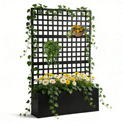 Jardinière d'intimité en métal avec treillis, lit de jardin surélevé avec trous de drainage, noir, 70 po x 46 po x 12 po