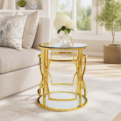 Table d'appoint ronde de luxe en or avec plateau en verre trempé et tablette de rangement, table de bout moderne glam avec cadre en métal pour le salon, la chambre à coucher, le canapé, la table d'appoint pour petit espace
