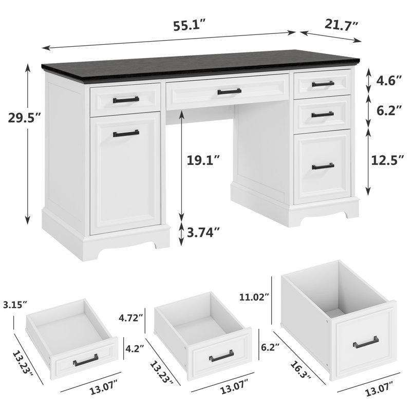 55" Farmhouse Executive Home Office Desk with Charging Station, Computer Desk with 5 Drawers, File Drawer & Storage Cabinet, Large Writing Table for Home Office, Bedroom, Study Room, Black & White