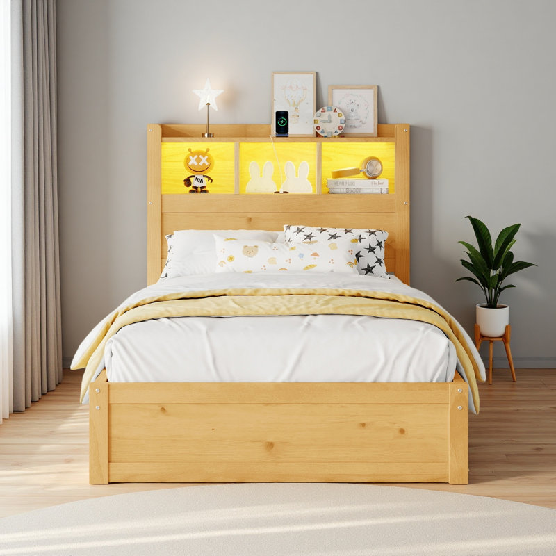 Lit avec tête de lit et armoire de rangement escamotable, lit en bois avec lumière et douille, Naturel, Lit simple