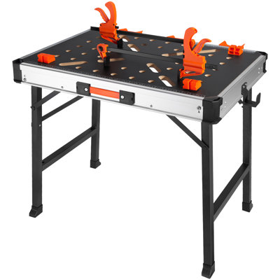 Table de travail pliante, 2 en 1 comme chevalet et établi, capacité de charge de 1000 lb, pieds en acier, support à outils pliable portable avec 2 pinces en bois, 4 bancs, 3 boîtes à outils, 2 crochets, rangement facile dans le garage