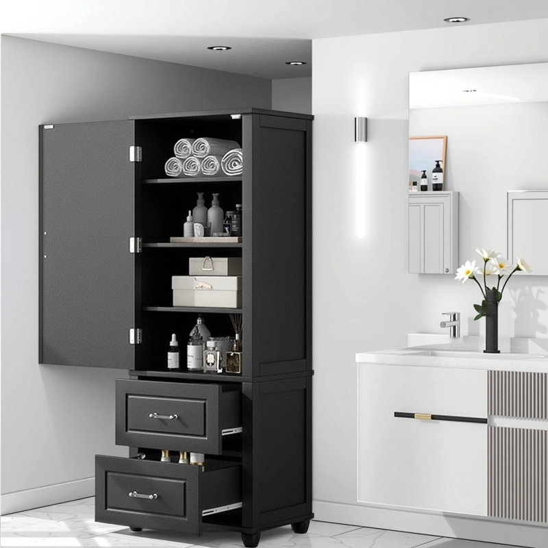 Armoire de rangement pour salle de bain moderne de style supérieur - autoportante avec 2 tiroirs, tablettes réglables et dispositif anti-basculement, finition imperméable en bois aggloméré
