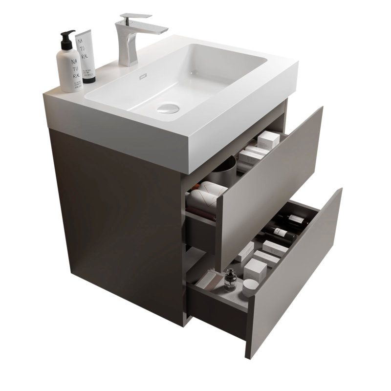 Meuble-lavabo gris 24 po avec lavabo, grand rangement, conception flottante murale pour salle de bain moderne, lavabo une pièce blanc
