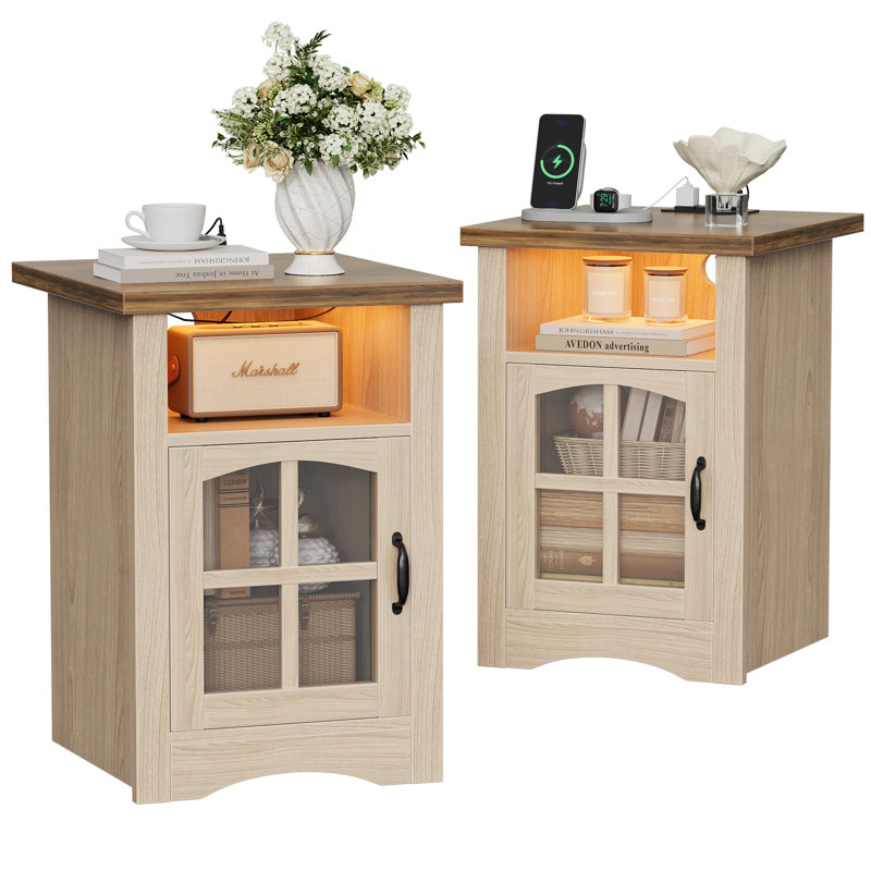 Farmhouse Nightstand with Color-Changing LED & 20W Fast Charging, Glass Door Bedside Table with Open Shelf, Night Stand for Bedroom or Living Room
