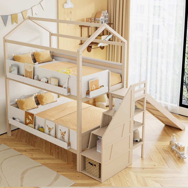 Lit superposé en bois en forme de maison avec toboggan et escalier de rangement, Beige / Blanc