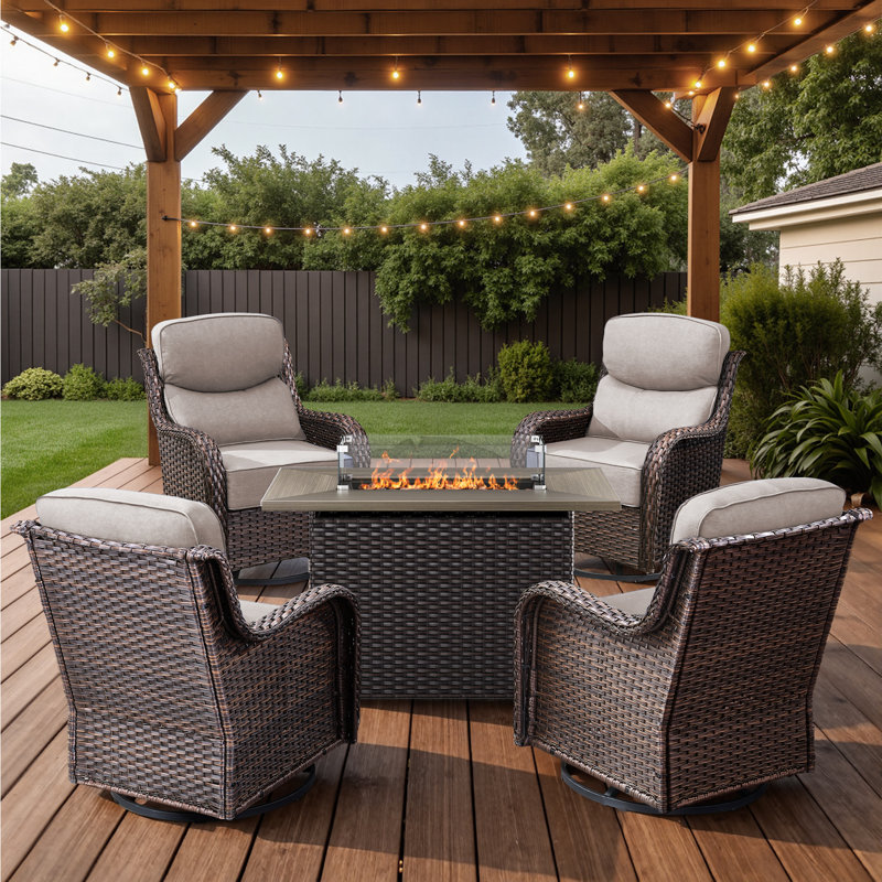 Outdoor Patio Multiple Swivel Rocking Chairs Seating Group With Wicker Fire Pit Table, Beige, Brown