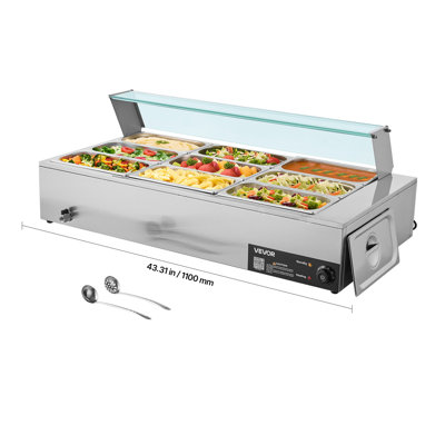 Commercial Food Warmer 9-Pan 1500W Buffet Bain Marie with Glass Cover