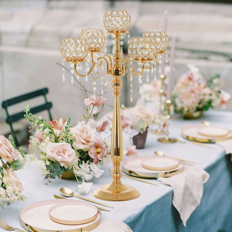5 centres de table candélabre en cristal à 5 bras pour tables de mariage, d'une hauteur de 29,5 pouces, Doré, 1