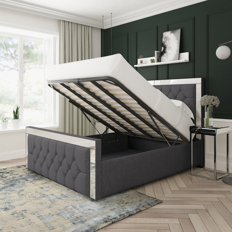 Sage Chenille Upholstered Ottoman Bed Frame, Black, Double (4'6)