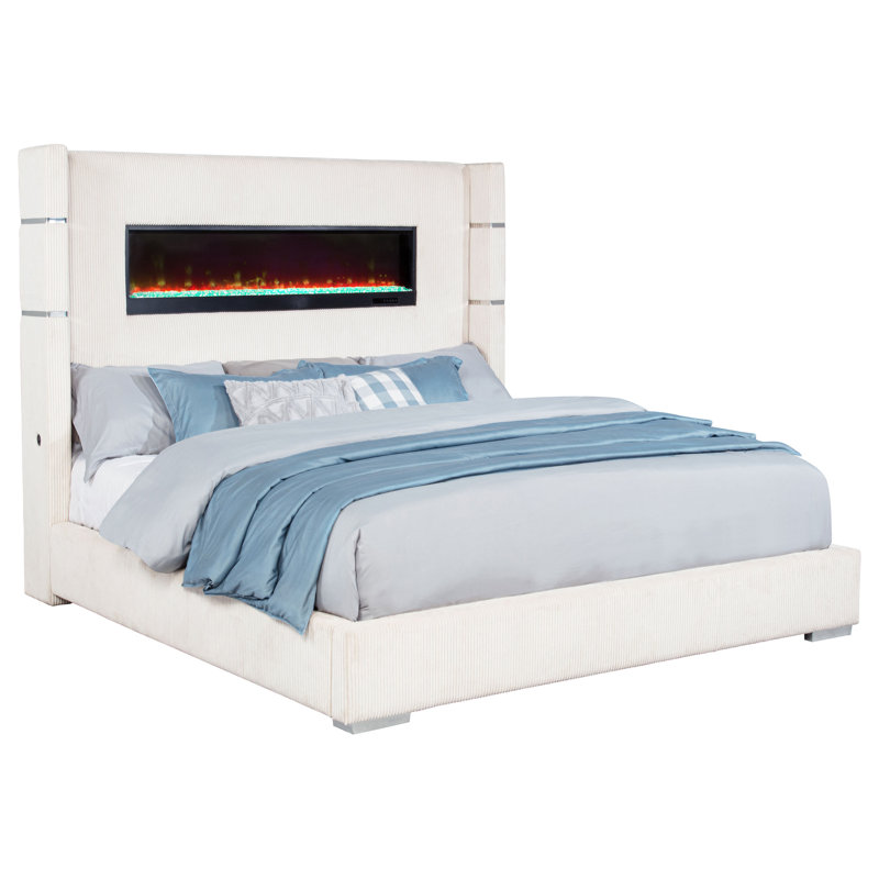 Stoehr 67-Inch Upholstered Fireplace Bed, California King, Cream