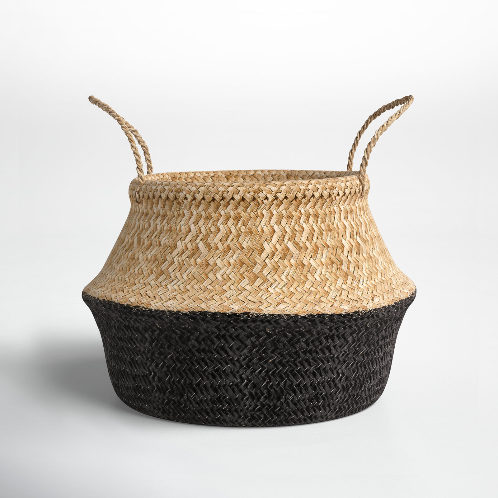 Handmade Seagrass Basket With Handles 1, Natural/Black, 13.5" H x 19.5" W x 19.5" D
