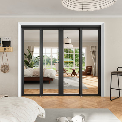 96in.x80in. Black Full Lite Mirrored Glass Double Sliding Closet Door with Hardware Kit Fit For Room Divider,4 Panels
