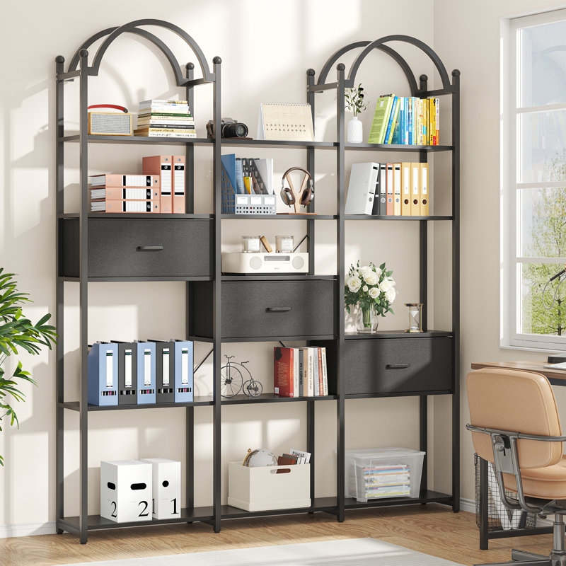 83.5" Tall Arched Bookshelf, Triple Wide 6-Tier Large Open Book Shelf with 3 Drawers Storage, Etagere Bookcase with Display Shelf, Industrial Bookshelf with Frame for Living Room, Black