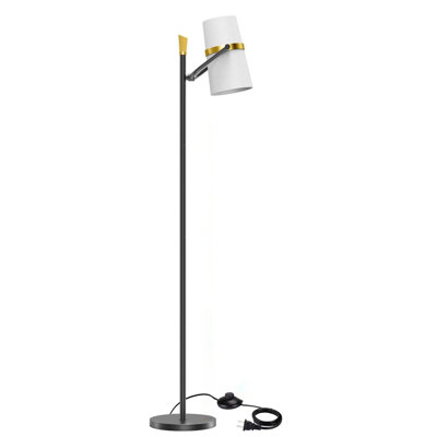 Lampadaire à bras articulé de 157 cm de haut, de style moderne du milieu du siècle, en fer noir. Tête de lampe ajustable, abat-jour en tissu blanc, interrupteur au pied. Parfait pour un coin lecture, une chambre ou un salon. Ampoules non incluses.