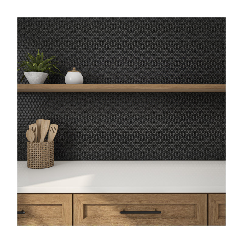 Uptown Glass 1" Hexagon Mosaic (18 PC Per Carton) (16.92 SQFT Per Carton), Matte Ebony