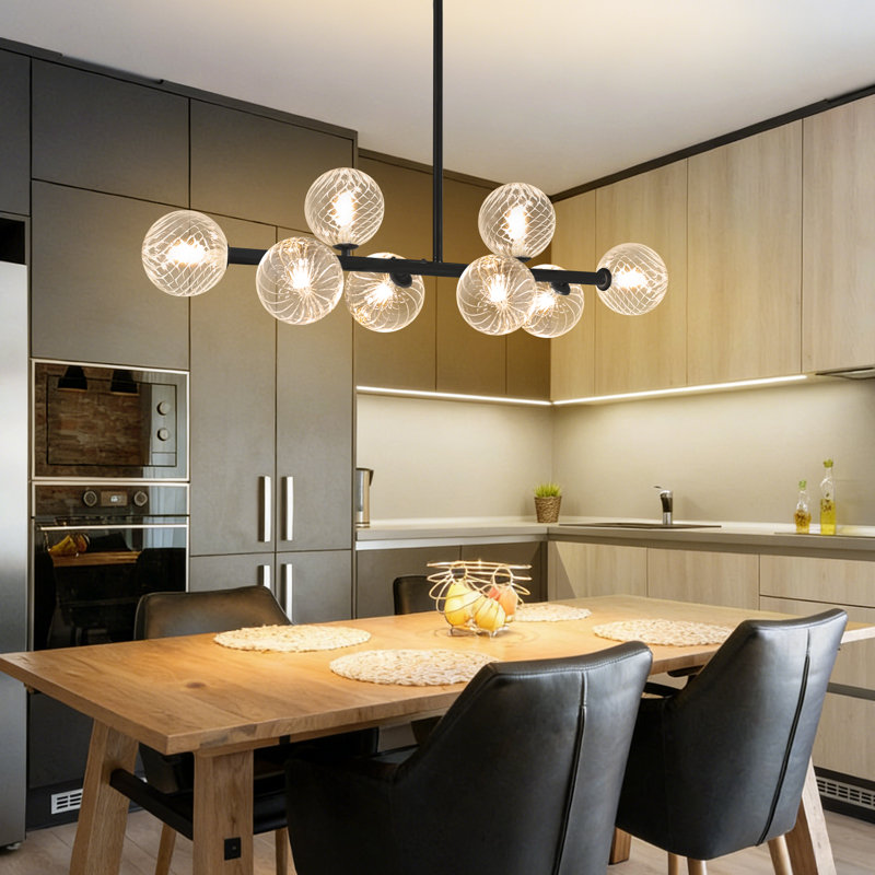 Lustre spoutnik noir 8 lumières avec abat-jour en verre transparent rayé pour la salle à manger