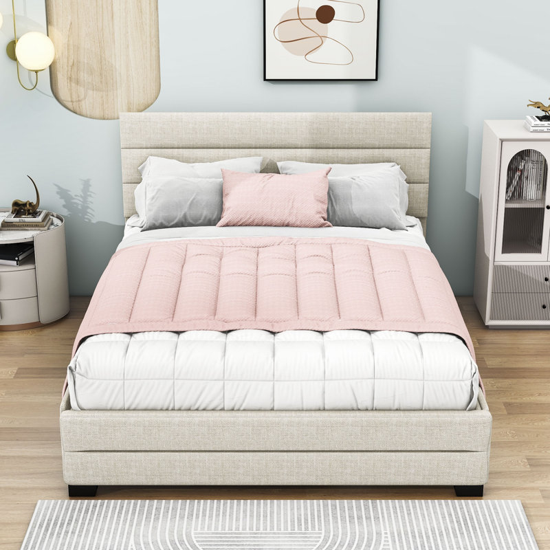 Cestina Queen Size Upholstered Platform Bed with Twin Size Trundle and 2 Drawers, Beige