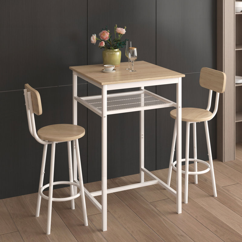 Table avec 2 tabourets de bar, Blanc, Chêne / Blanc, Chêne