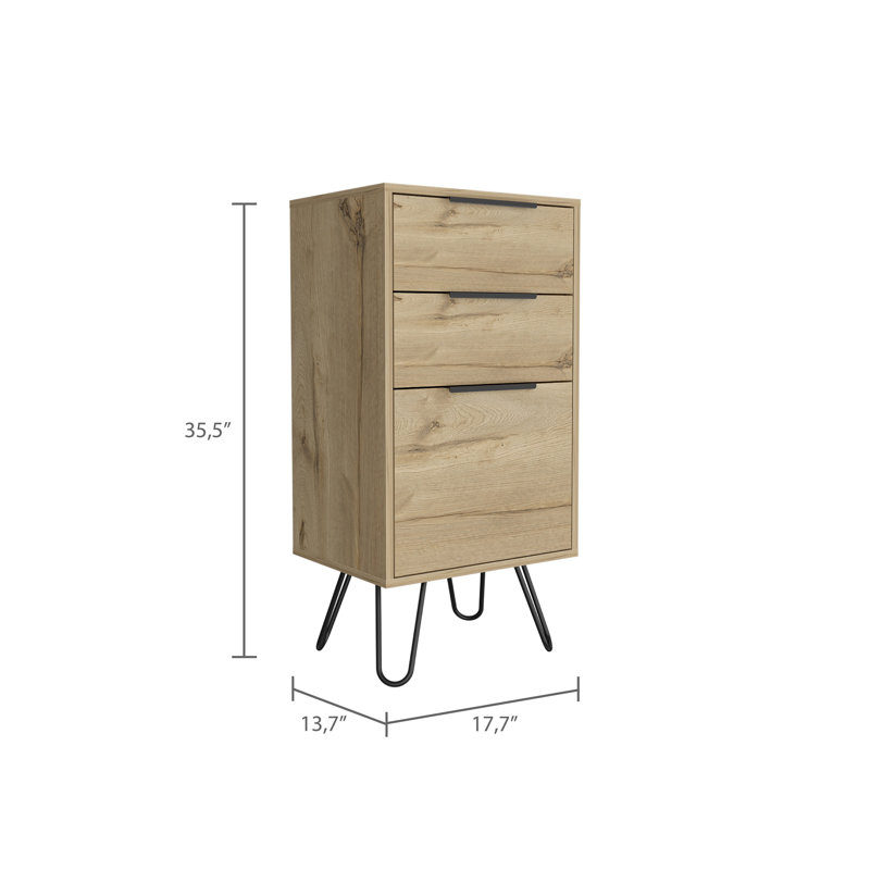 Commode légère Augusta, pieds en épingle à cheveux, plateau supérieur, trois tiroirs, Chêne clair