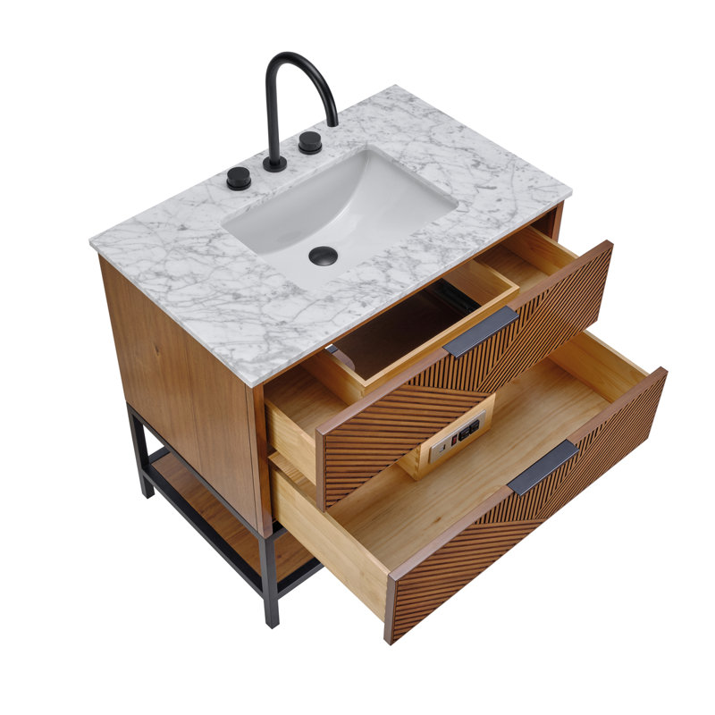 Diamond 36'' W Single Vanity, Brushed Nickel, Walnut, Calacatta Quartz