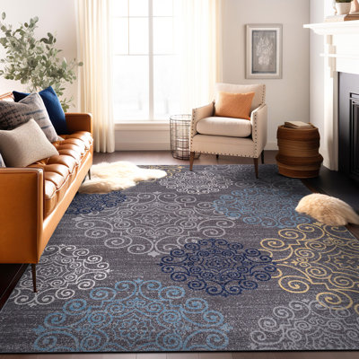 Combien Tufted Gray/Blue/Yellow Non-Slip Rubberback Area Rug